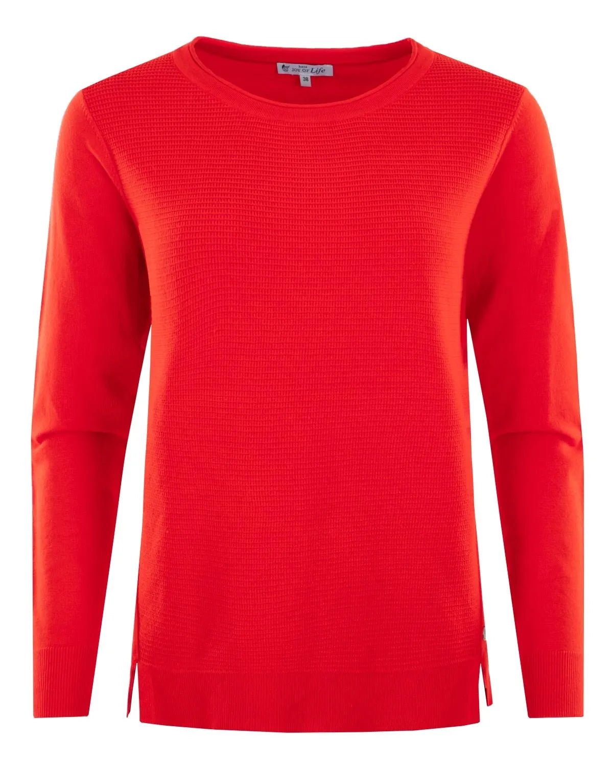 Roter strukturierter Pullover mit Seitenschlitzen und Rundhalsausschnitt.