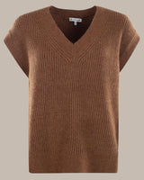 Brauner Pullover mit V-Ausschnitt, gerippter Struktur und kurzen Ärmeln.