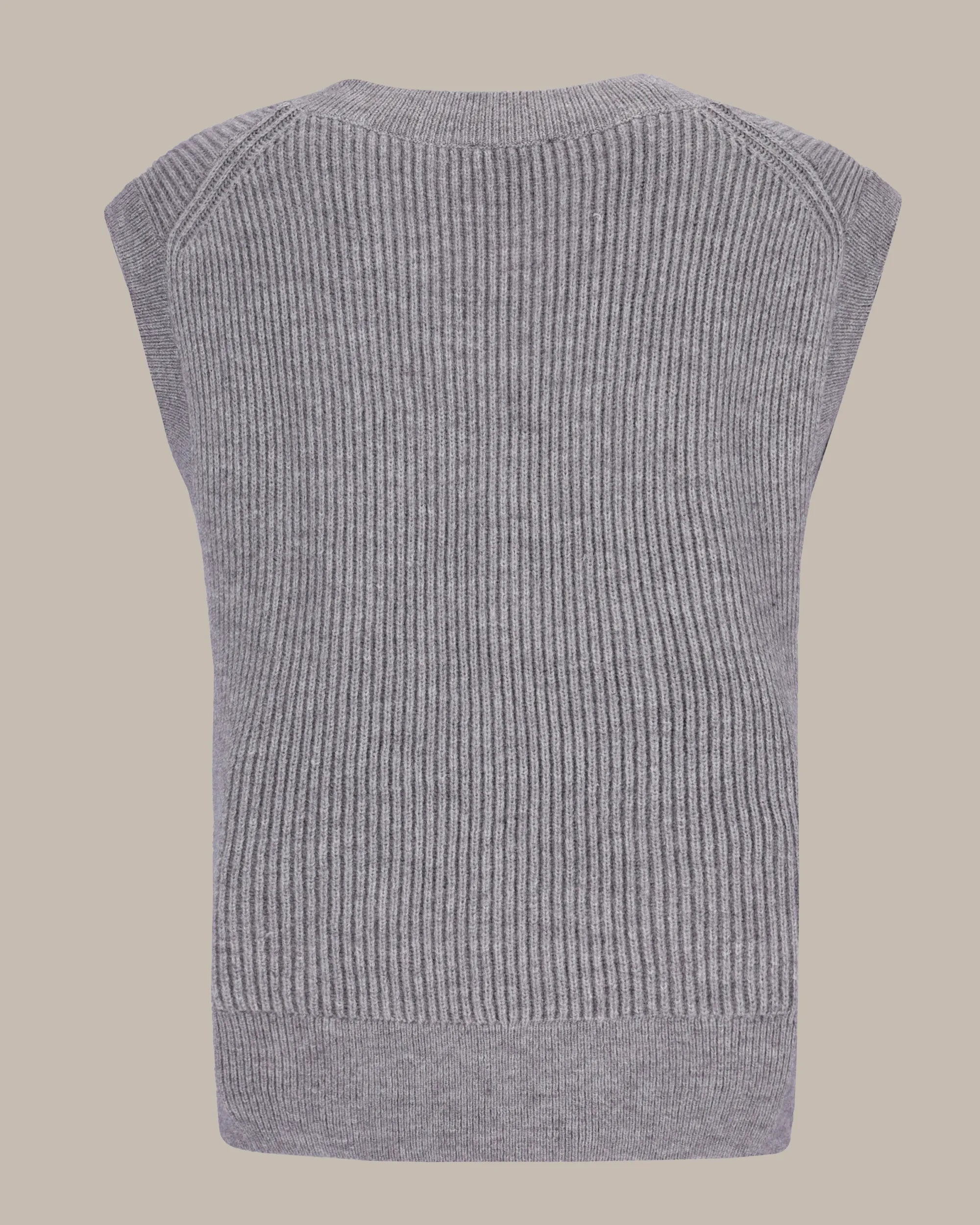 Graue, gerippte, ärmellose Pulloverweste mit Rundhalsausschnitt und strukturiertem Strickmuster.