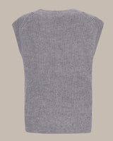 Graue, gerippte, ärmellose Pulloverweste mit Rundhalsausschnitt und strukturiertem Strickmuster.