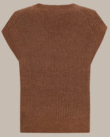Brauner Rippenpullover mit kurzen Ärmeln und Rundhalsausschnitt.