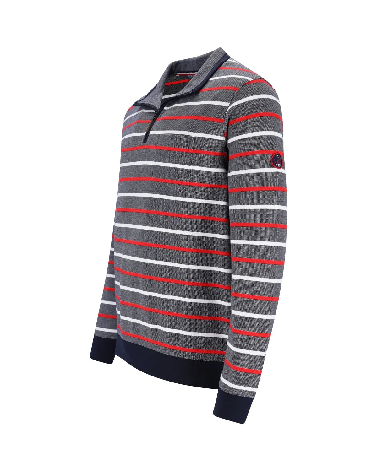 Gestreiftes Poloshirt mit marineblauen, roten und weißen Streifen auf grauem Hintergrund.
