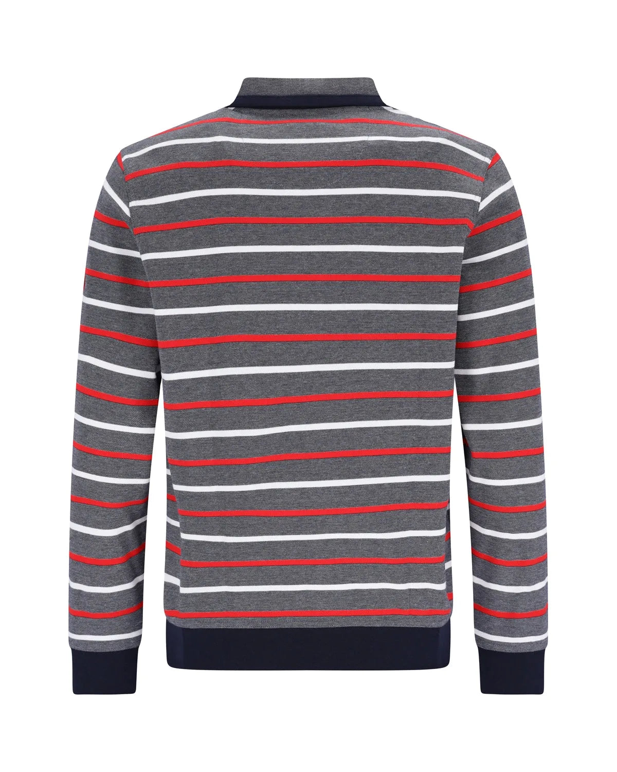 Gestreiftes Poloshirt mit marineblauen, roten und weißen Streifen auf dunkelgrauem Hintergrund.