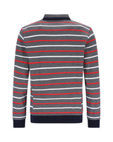 Gestreiftes Poloshirt mit marineblauen, roten und weißen Streifen auf dunkelgrauem Hintergrund.