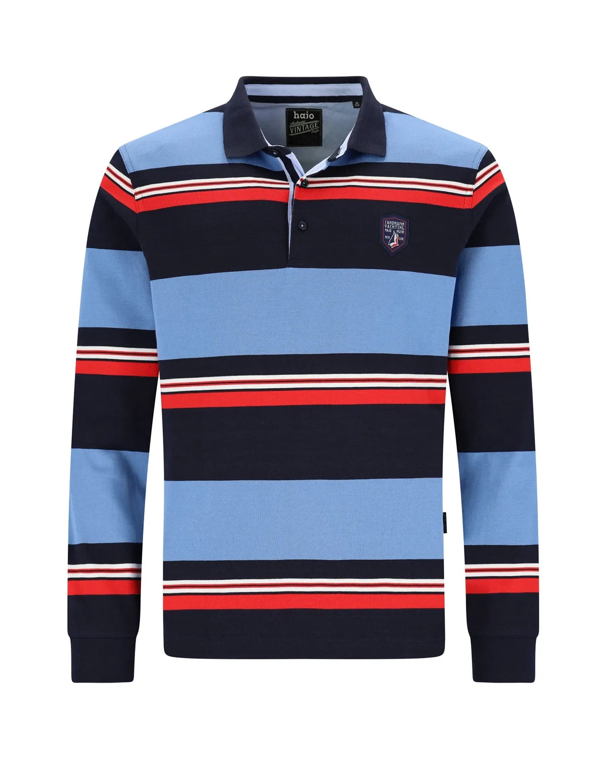 Blau und marineblau gestreiftes Poloshirt mit roten Akzenten, aus Baumwolle.