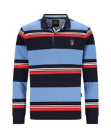 Blau und marineblau gestreiftes Poloshirt mit roten Akzenten, aus Baumwolle.