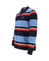 Marineblau und hellblau gestreiftes Poloshirt mit roten Akzenten, aus Baumwolle.