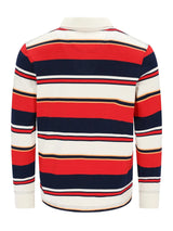 Klassisches gestreiftes Rugby-Shirt in Marineblau, Rot und Creme mit weißem Kragen.