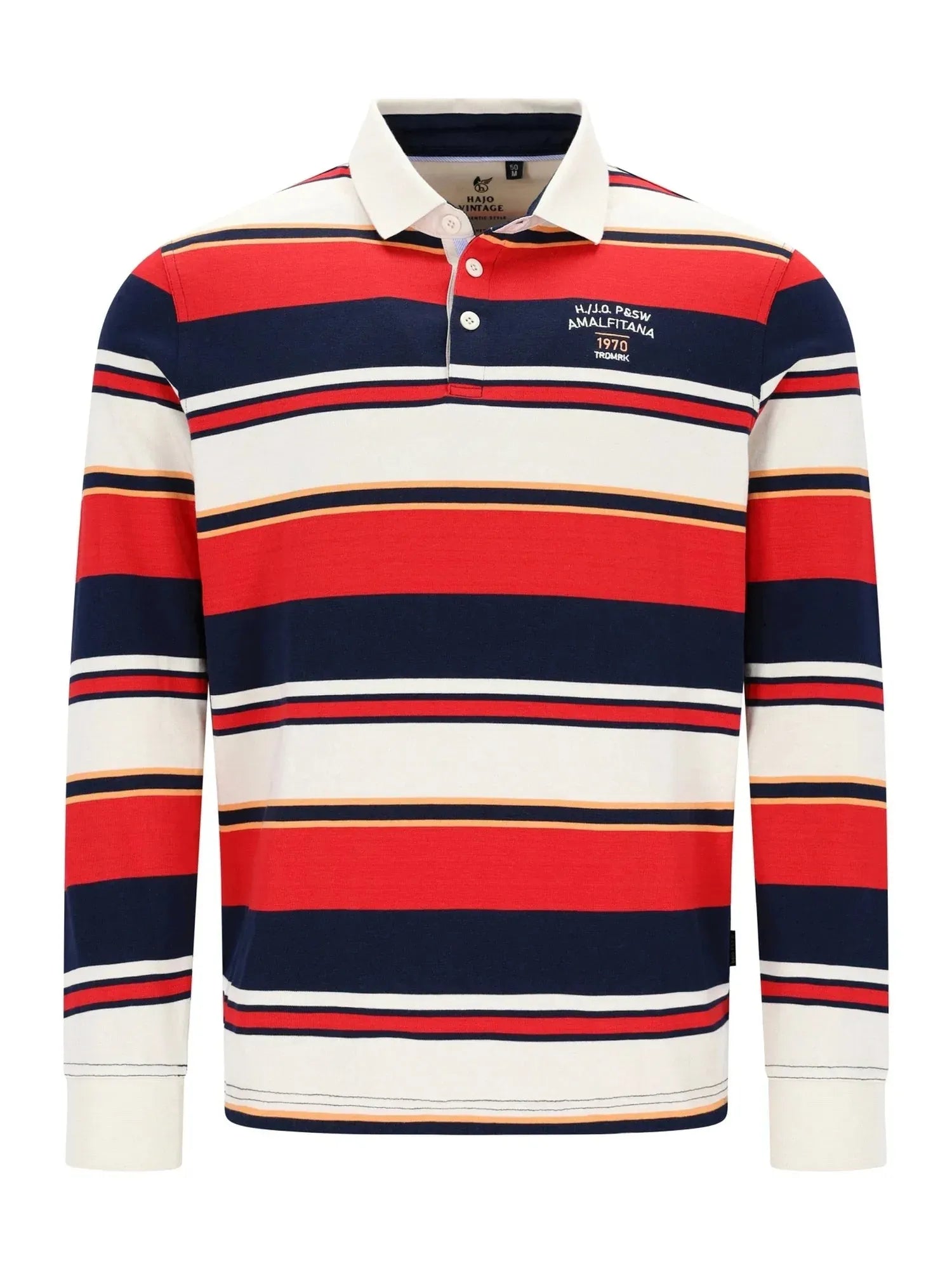 Rotes und marines gestreiftes Polo-Shirt mit weißem Kragen und Manschetten, aus Baumwolle gefertigt.