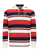 Rotes und marines gestreiftes Polo-Shirt mit weißem Kragen und Manschetten, aus Baumwolle gefertigt.