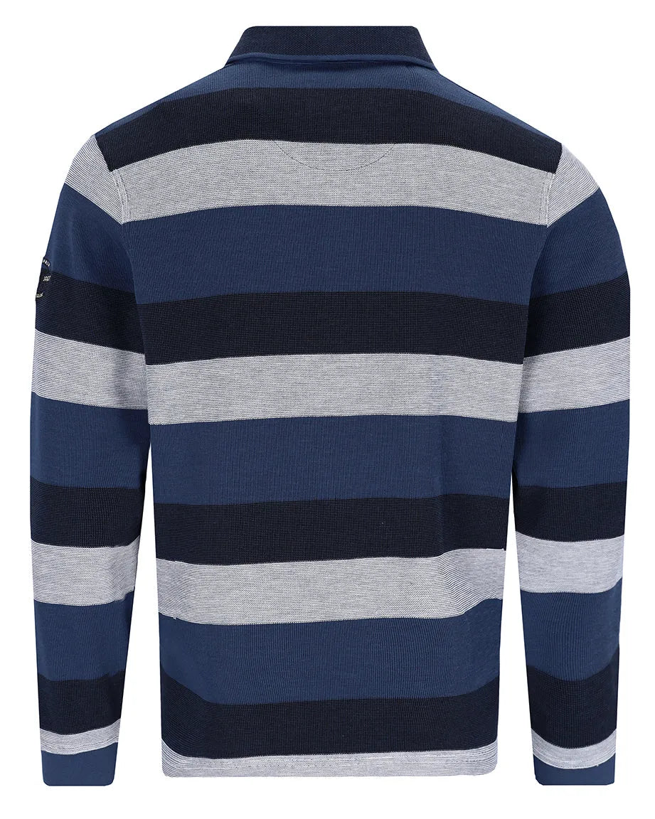 Marineblau und grau gestreiftes Poloshirt mit strukturiertem Muster.