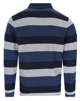 Marineblau und grau gestreiftes Poloshirt mit strukturiertem Muster.