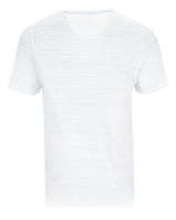 Weißes T-Shirt mit V-Ausschnitt, kurzen Ärmeln und lockerer Passform.