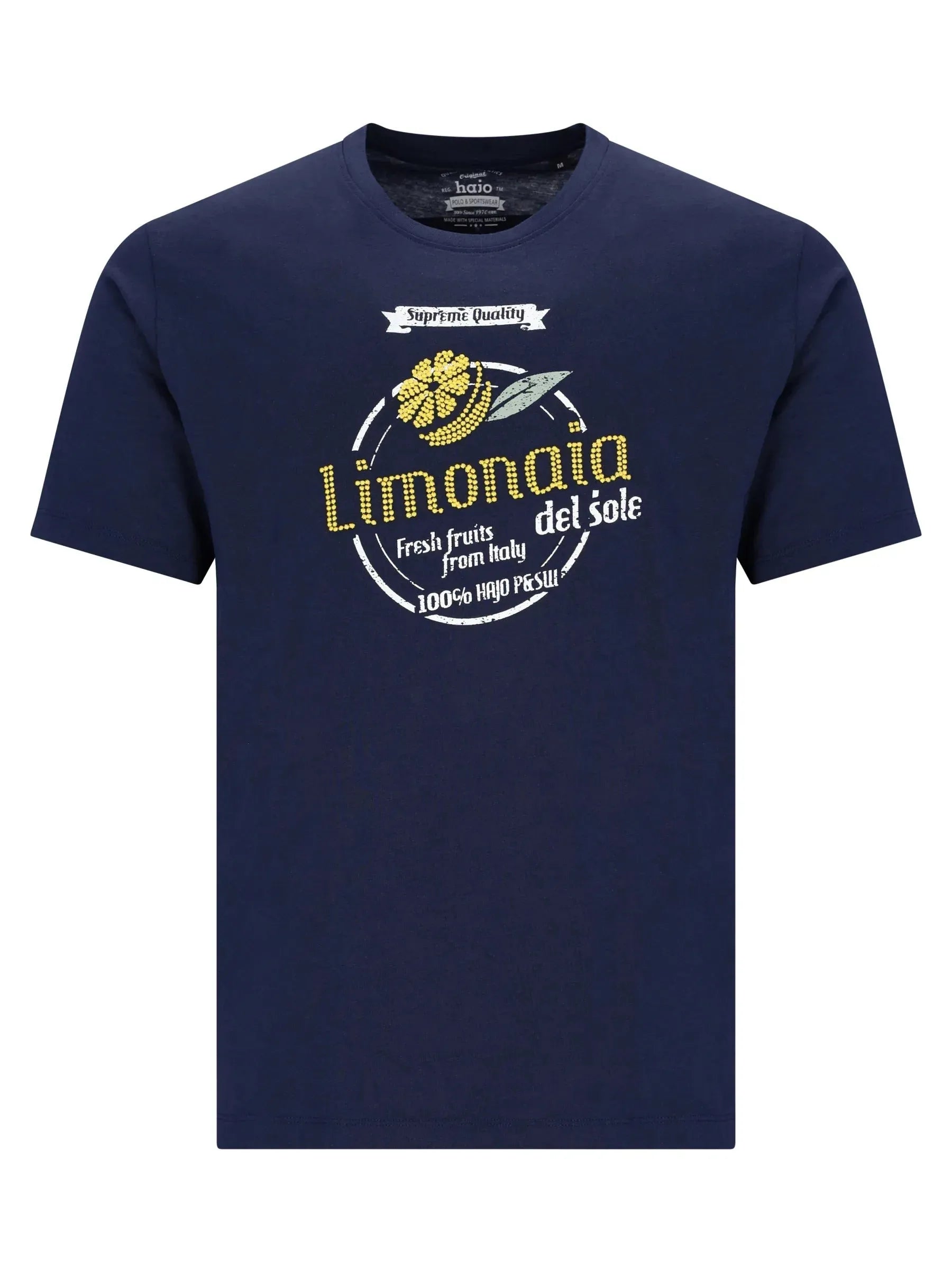 Marineblaues Rundhals-Baumwoll-T-Shirt mit Limonia-Zitronen-Brustdruck