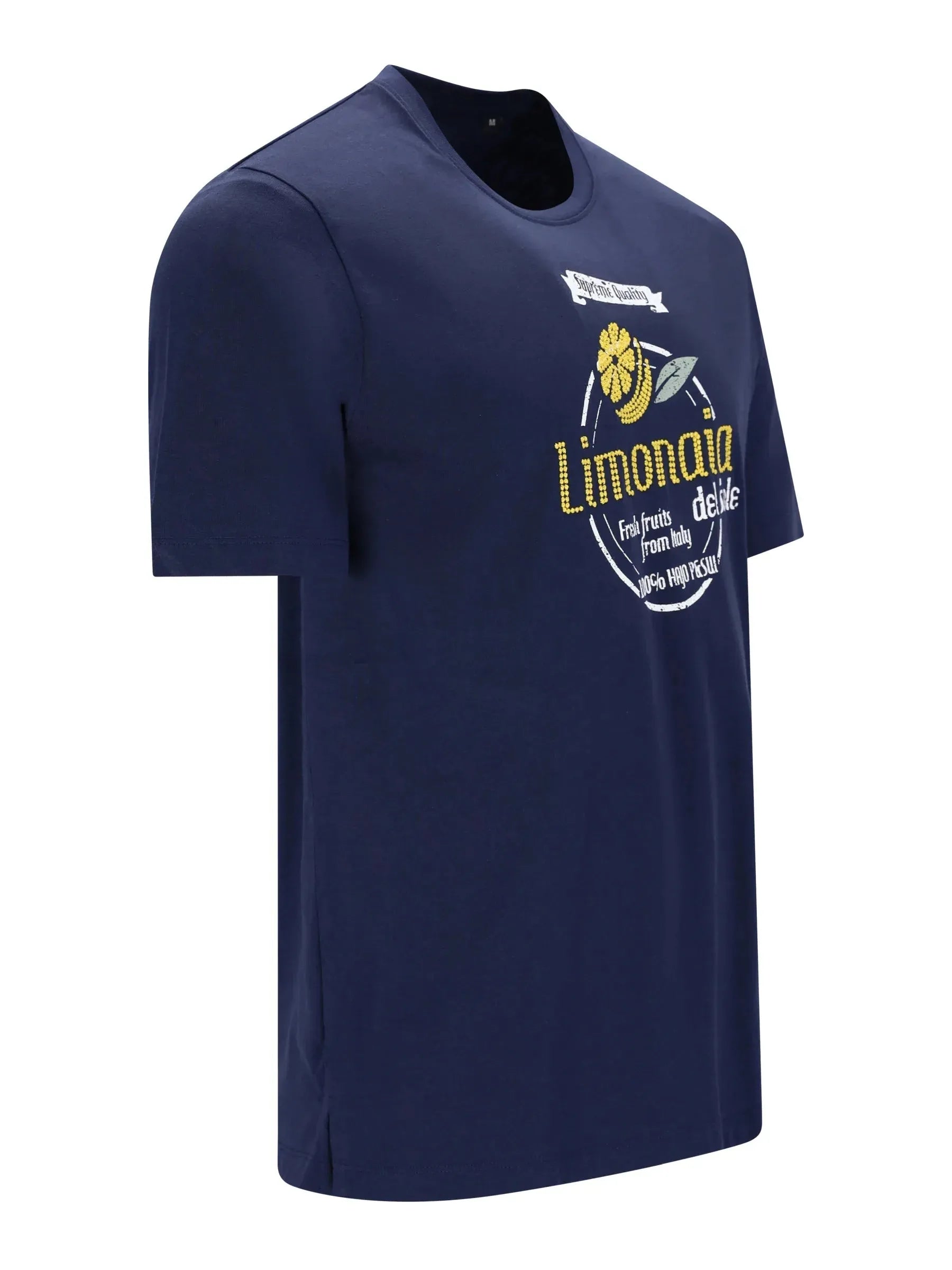 Marineblaues Rundhals-T-Shirt aus Baumwolle mit Limonata-Brustdruck