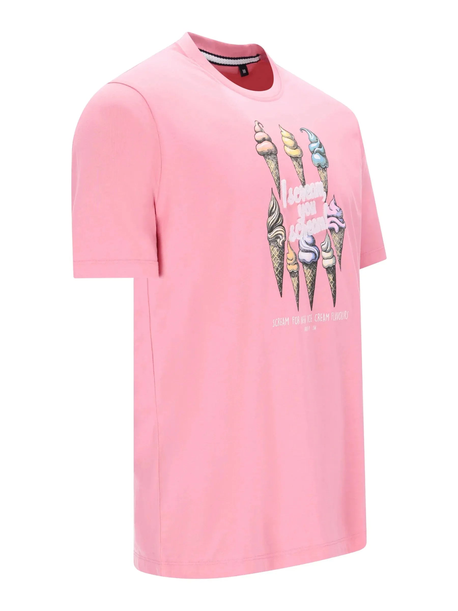 Rosa Rundhals-T-Shirt mit Frontdruck: Bunte Eiskegel i scream for ice cream