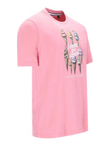 Rosa Rundhals-T-Shirt mit Frontdruck: Bunte Eiskegel i scream for ice cream