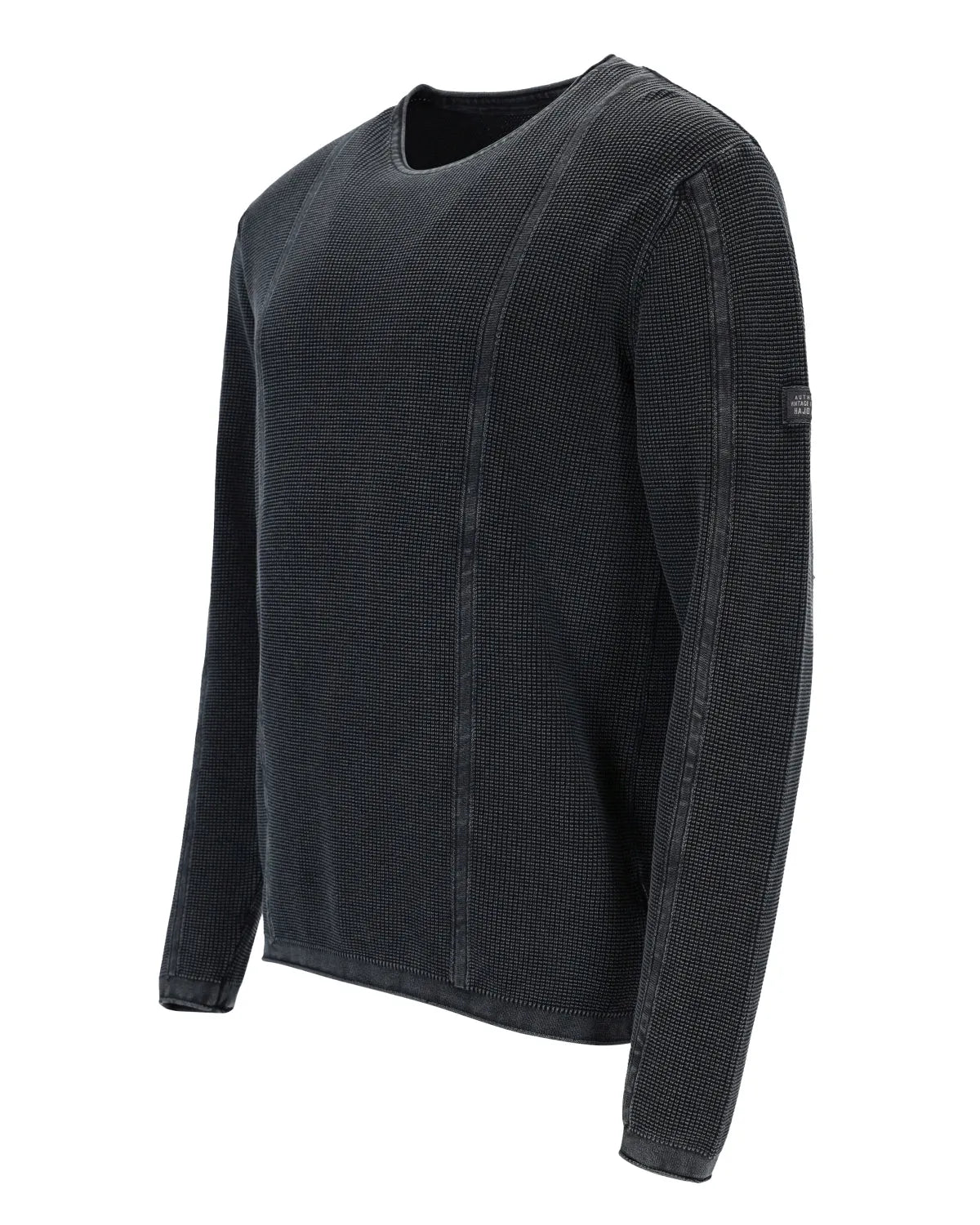 Anthrazitfarbener langärmeliger Pullover mit Rundhalsausschnitt und gerippten Details für Herren.