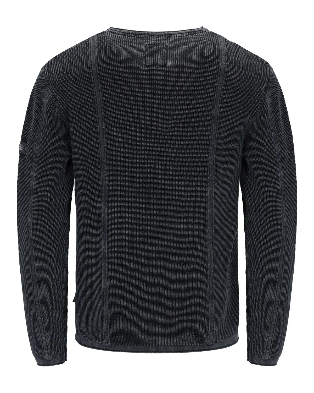 Dunkelgrauer langärmeliger Herrenpullover aus Waffelstrick mit gerippten Abschlüssen.