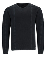 Schwarzes Langarmshirt mit Rundhalsausschnitt aus Waffelstrick mit vertikalen Nähten.