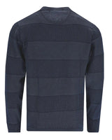 Marineblauer Netzpullover mit geripptem Halsausschnitt und langen Ärmeln.