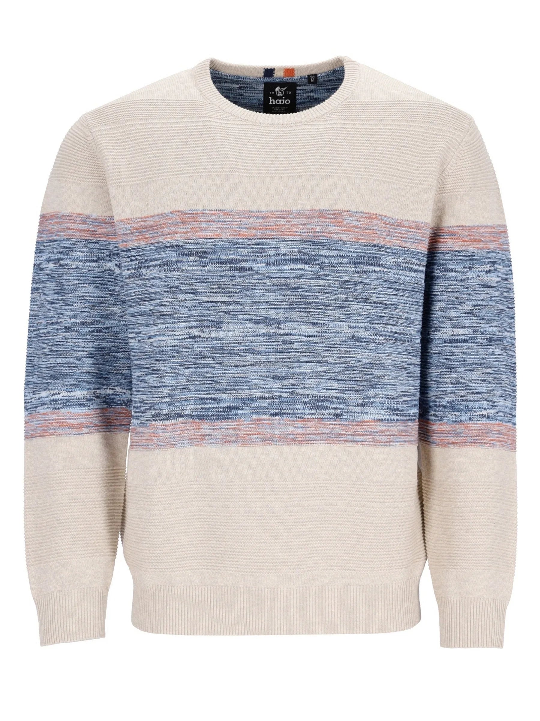 Creme-Pullover mit blauen und pinken Streifen, gerippte Struktur, lässiger Stil.
