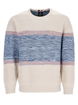 Creme-Pullover mit blauen und pinken Streifen, gerippte Struktur, lässiger Stil.