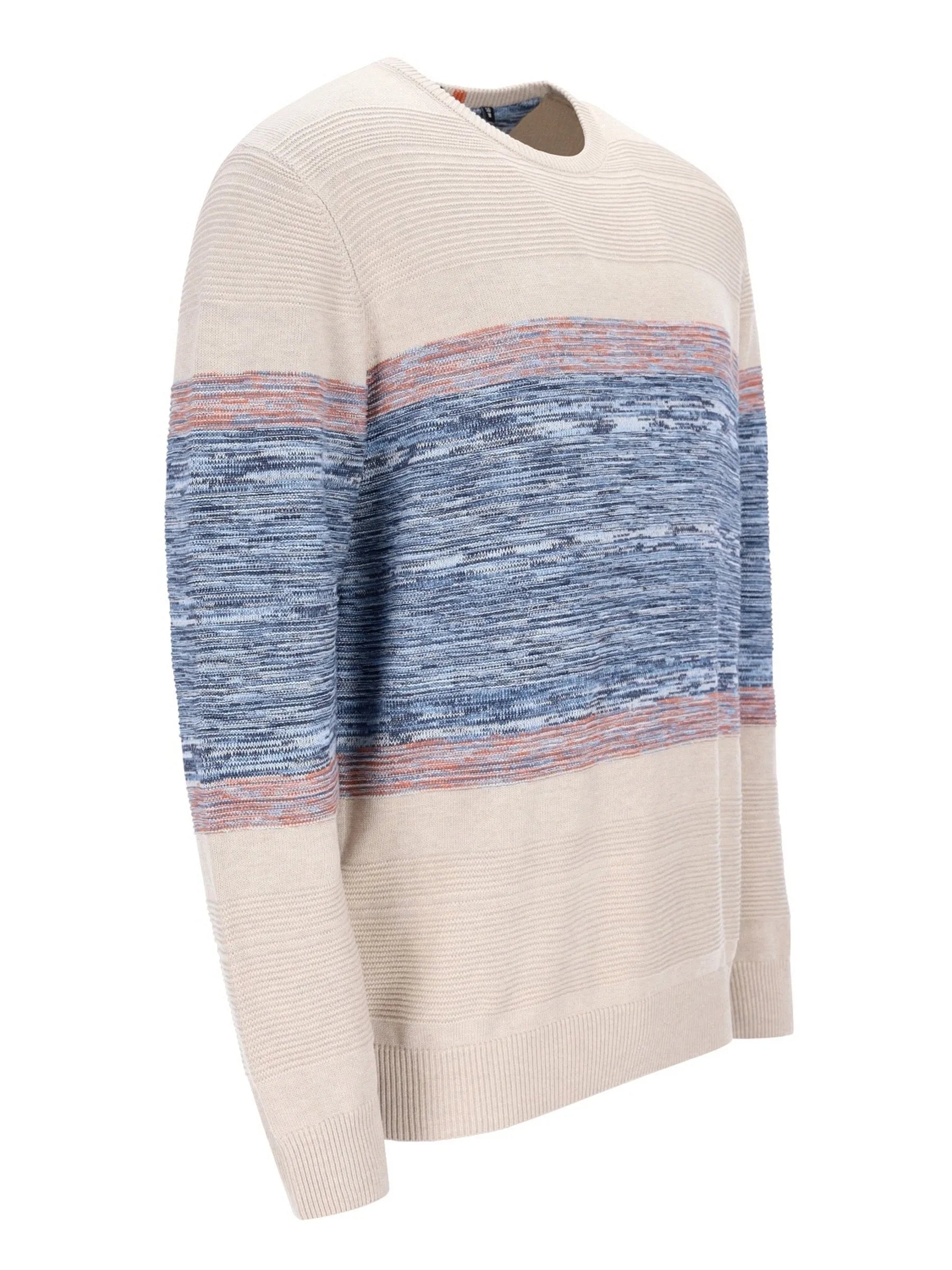Beiger Pullover mit blauen und pinken Streifen, gerippte Struktur.