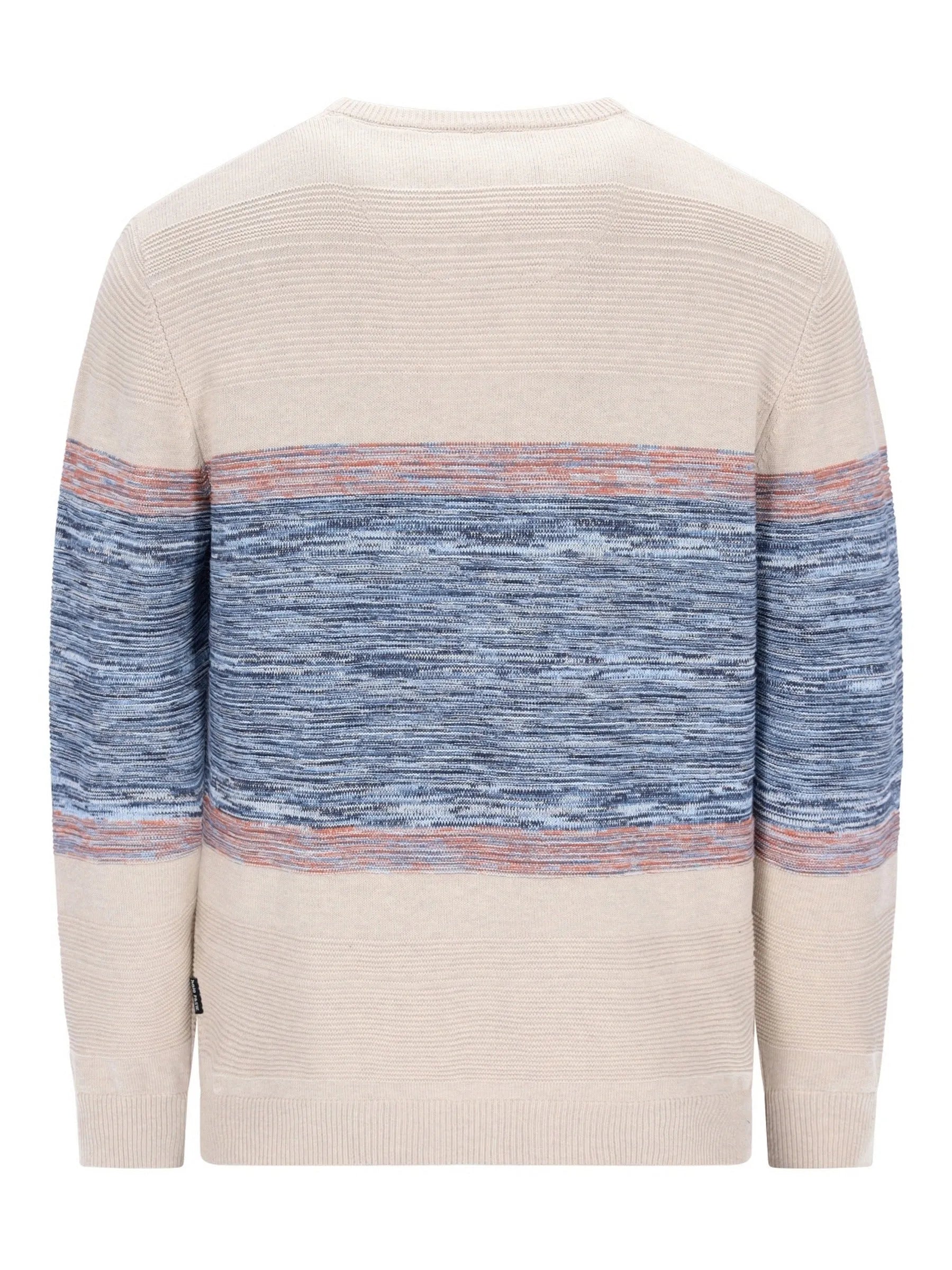 Beige-blauer gestreifter Pullover mit gerippter Textur, wahrscheinlich aus Baumwolle oder Wolle gefertigt.