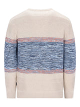 Beige-blauer gestreifter Pullover mit gerippter Textur, wahrscheinlich aus Baumwolle oder Wolle gefertigt.