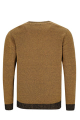 Kamelfarbener, strukturierter Pullover mit schwarzen Abschlüssen und dezentem Muster.