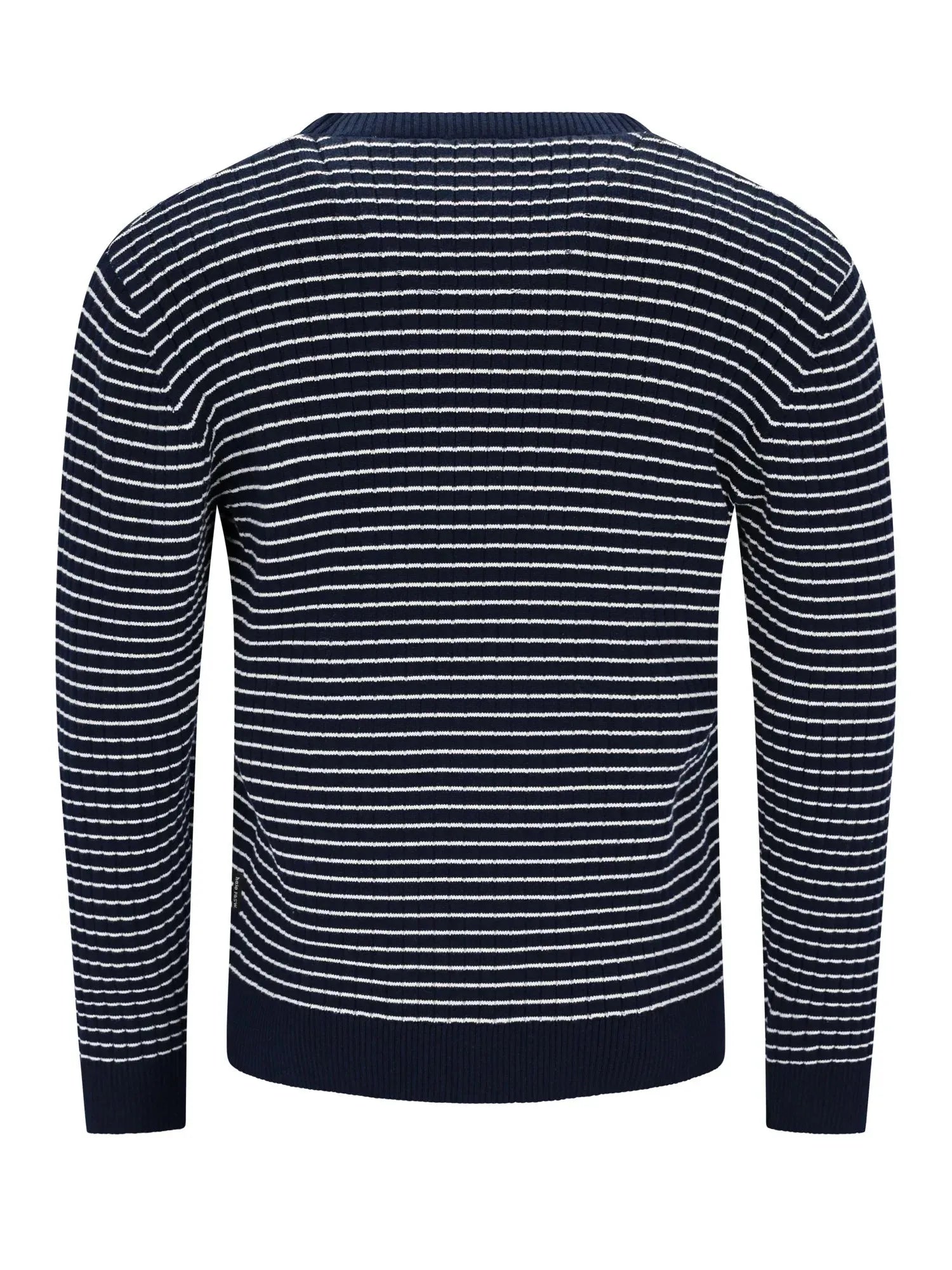 Marineblaues und weißes gestreiftes Pullover mit rundem Ausschnitt.