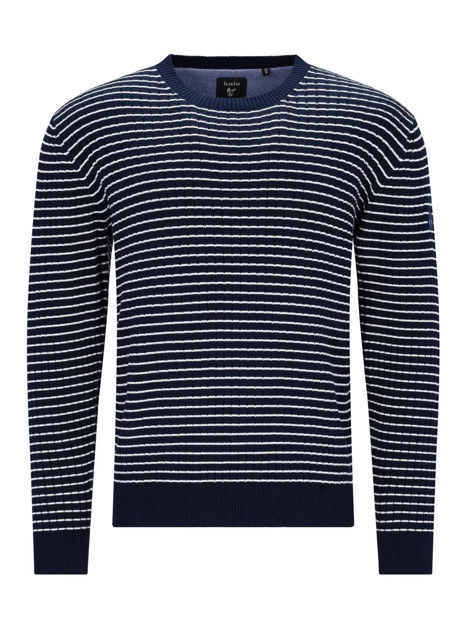 Marineblauer und weißer gestreifter Pullover mit Rippstrickstruktur.