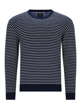 Marineblauer und weißer gestreifter Pullover mit Rippstrickstruktur.