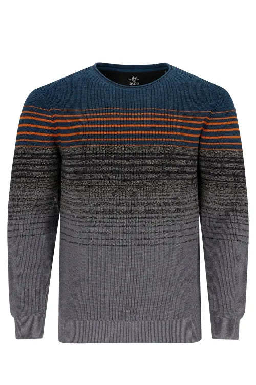 Anthrazitfarbener Pullover mit orangefarbenen und blauen Streifen, gerippte Struktur, Rundhalsausschnitt.