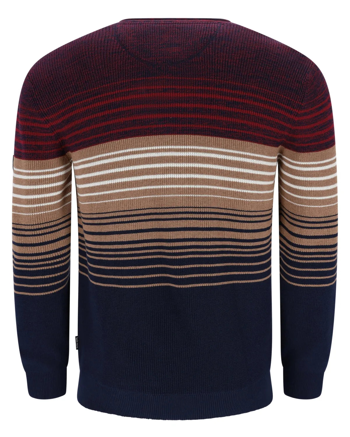 Kastanienbraun und marineblau gestreifter Herrenpullover mit gerippter Struktur.