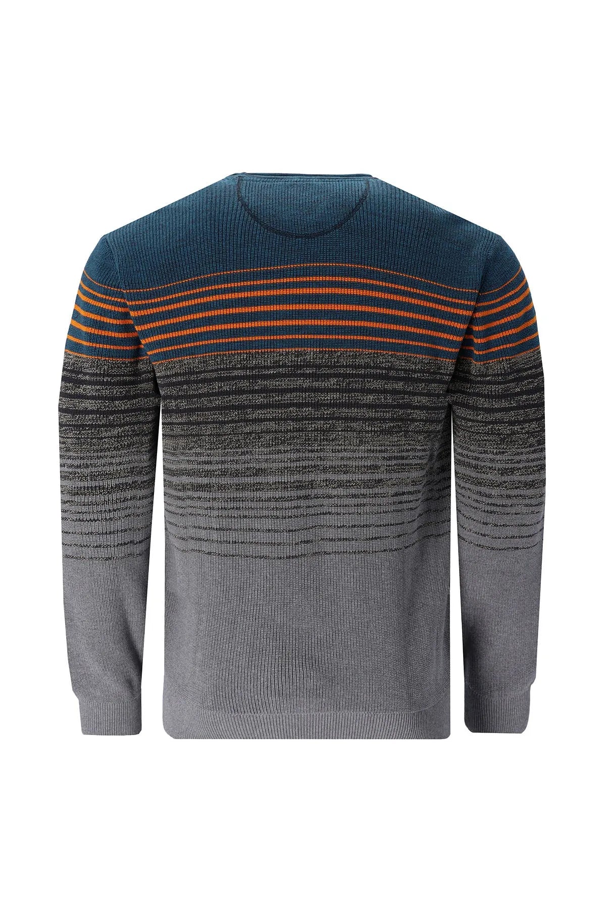 Anthrazit- und blaugrau gestreifter Pullover mit gerippter Textur.