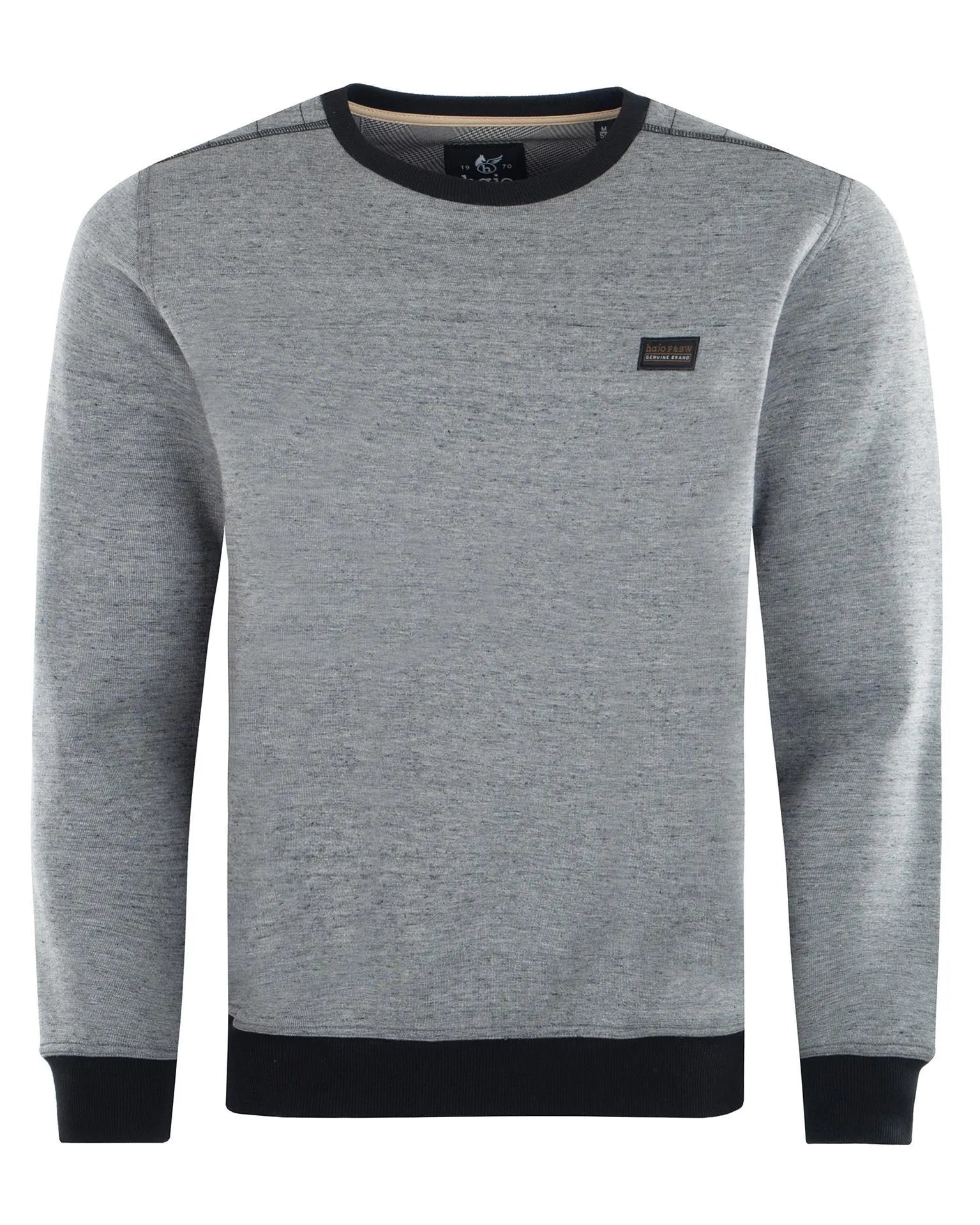 Graues und schwarzes Sweatshirt mit Rundhalsausschnitt und kleinem Logo auf der Brust.