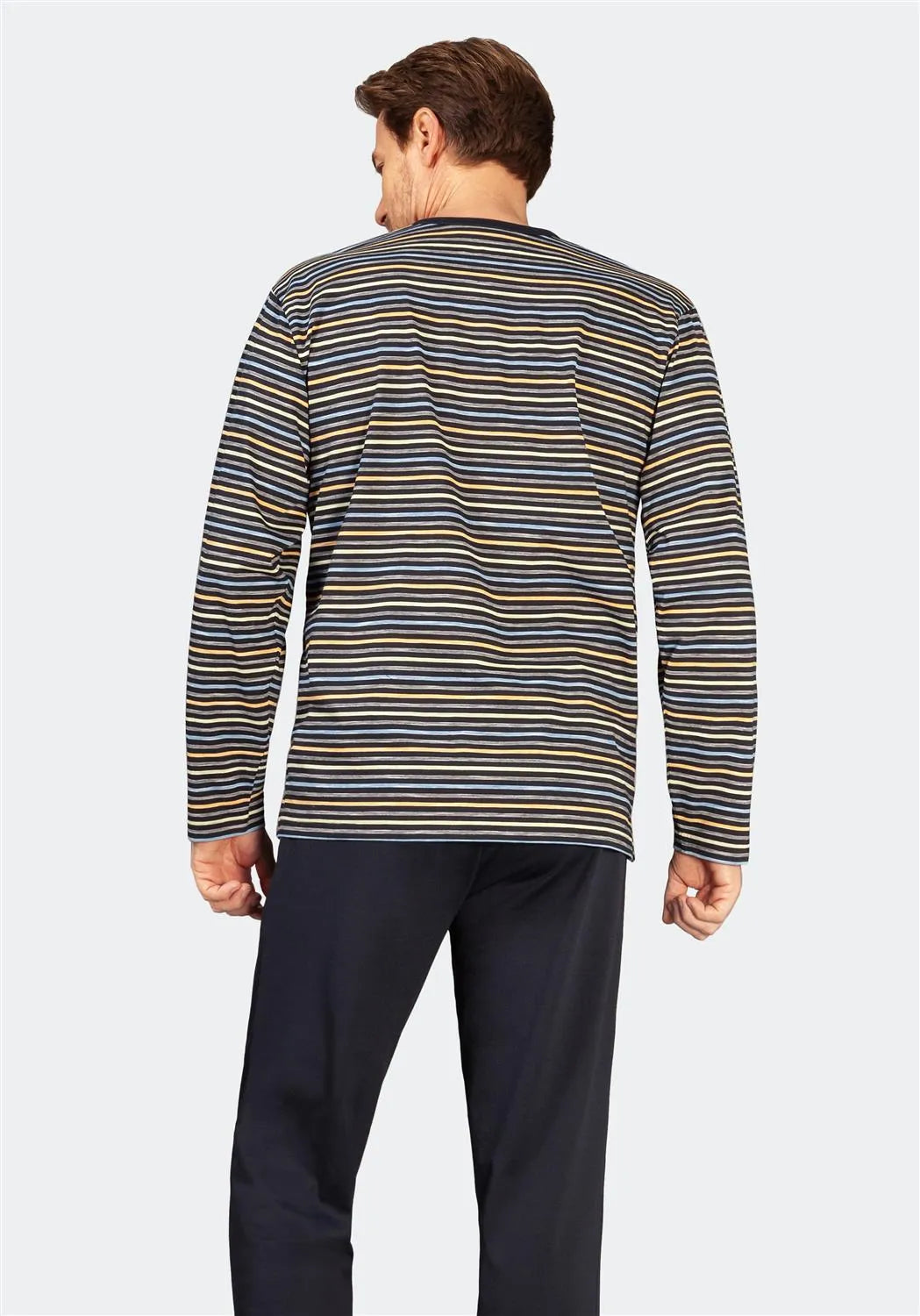Gestreiftes Langarmshirt mit Rundhalsausschnitt, mit marineblauen und gelben Streifen auf schwarzem Stoff.