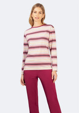 Gestreifter Pullover in Rosa- und Lila-Tönen, weiches Baumwollmischmaterial.