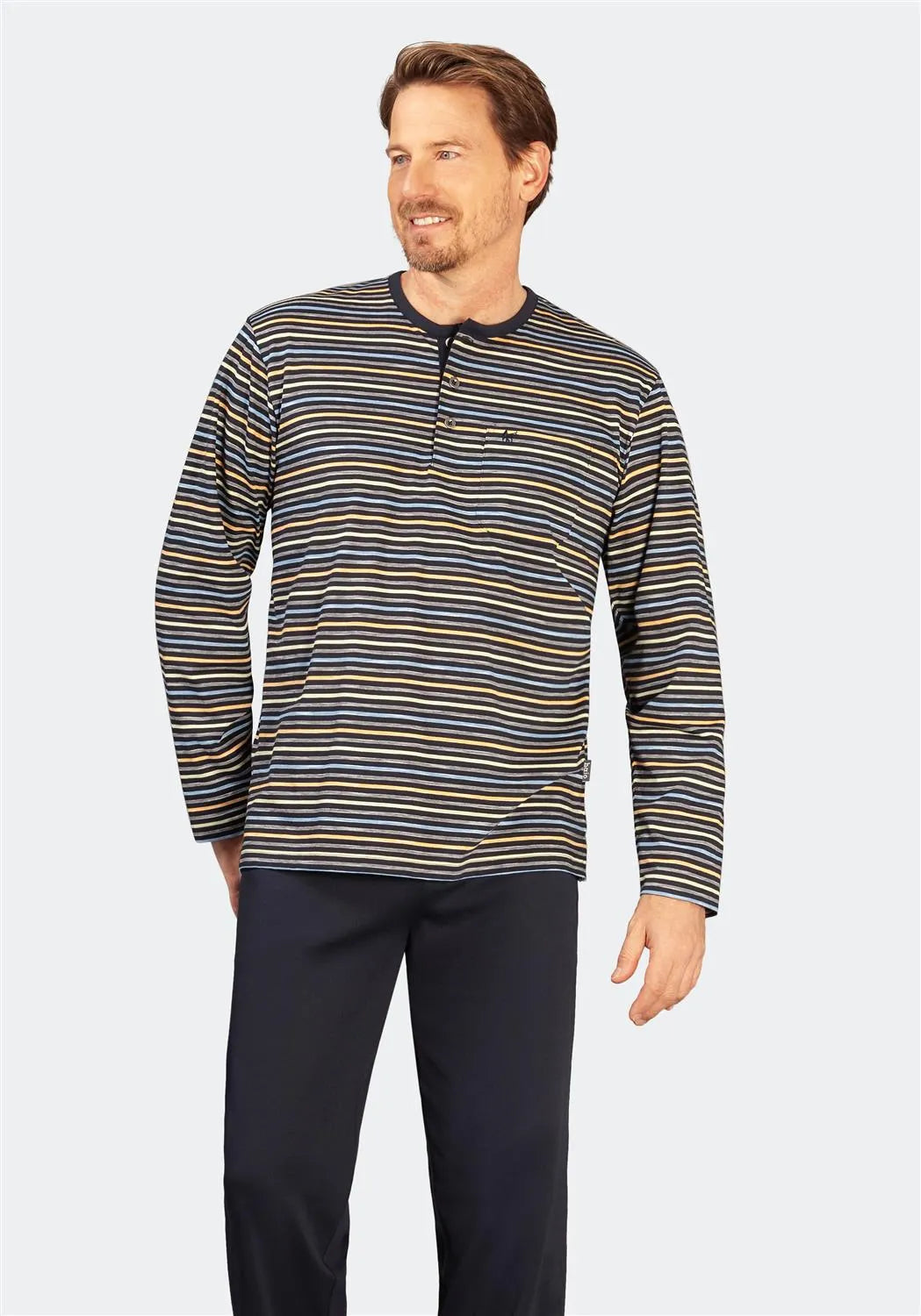 Gestreiftes Langarm-Poloshirt mit marineblauen und beigen Streifen, aus Baumwolle.