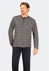 Gestreiftes Langarm-Poloshirt mit marineblauen und beigen Streifen, aus Baumwolle.