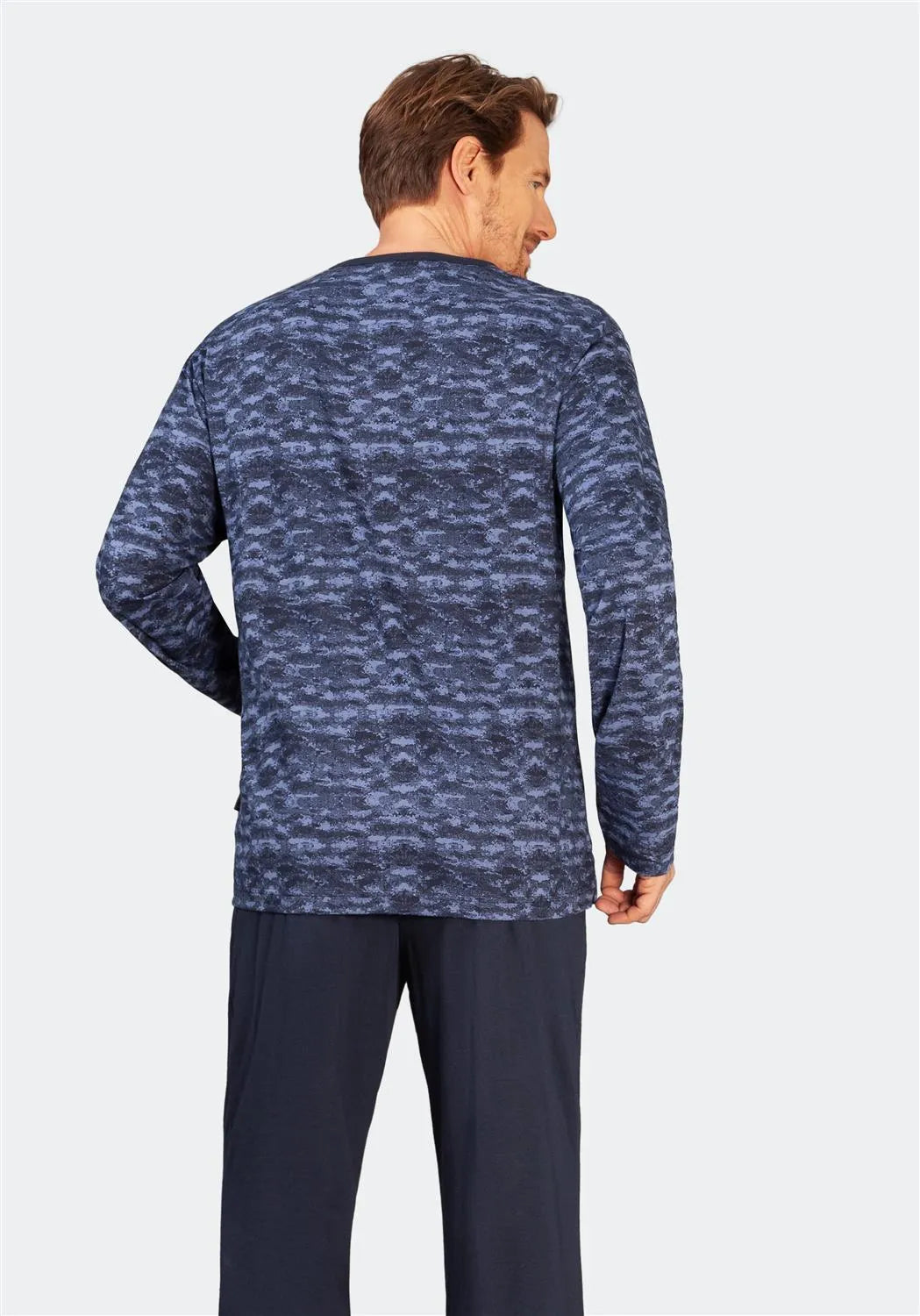 Blau-weiß gemustertes, langärmeliges Shirt mit Rundhalsausschnitt.