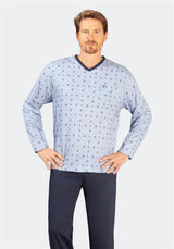 Hellblaues langärmeliges Herrenhemd mit Ankerprint, marineblauem Besatz und Button-Down-Kragen.