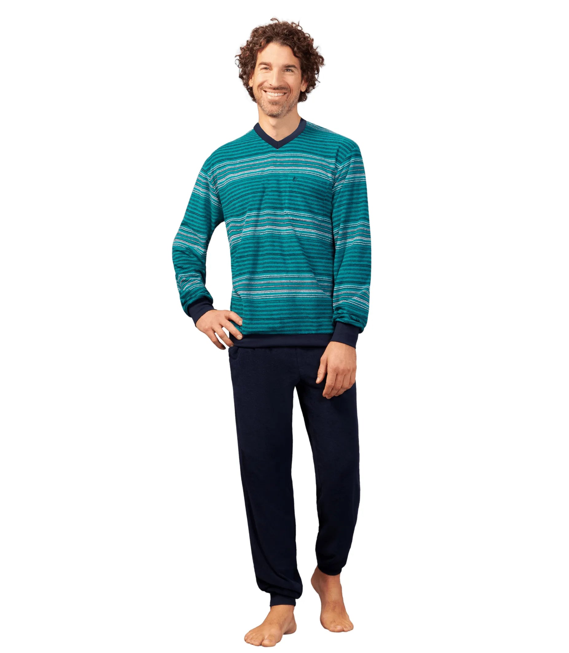 Teal und Marine gestreiften Pyjama-Set mit einem V-Ausschnitt Pullover und Hose, mit weichen Baumwoll-Material.