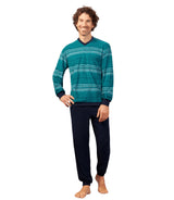 Teal und Marine gestreiften Pyjama-Set mit einem V-Ausschnitt Pullover und Hose, mit weichen Baumwoll-Material.
