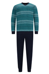 Blaugrün und marineblau gestreiftes Herren-Pyjama-Set mit V-Ausschnitt-Pullover-Oberteil und passender Hose, wahrscheinlich von Hanes.