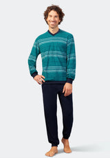 Blaugrün und marineblau gestreifter Pullover mit V-Ausschnitt, aus weichem Baumwollmaterial.