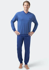 Blau gestreiftes Herren-Pyjama-Set mit elastischem Bund und Taschen.