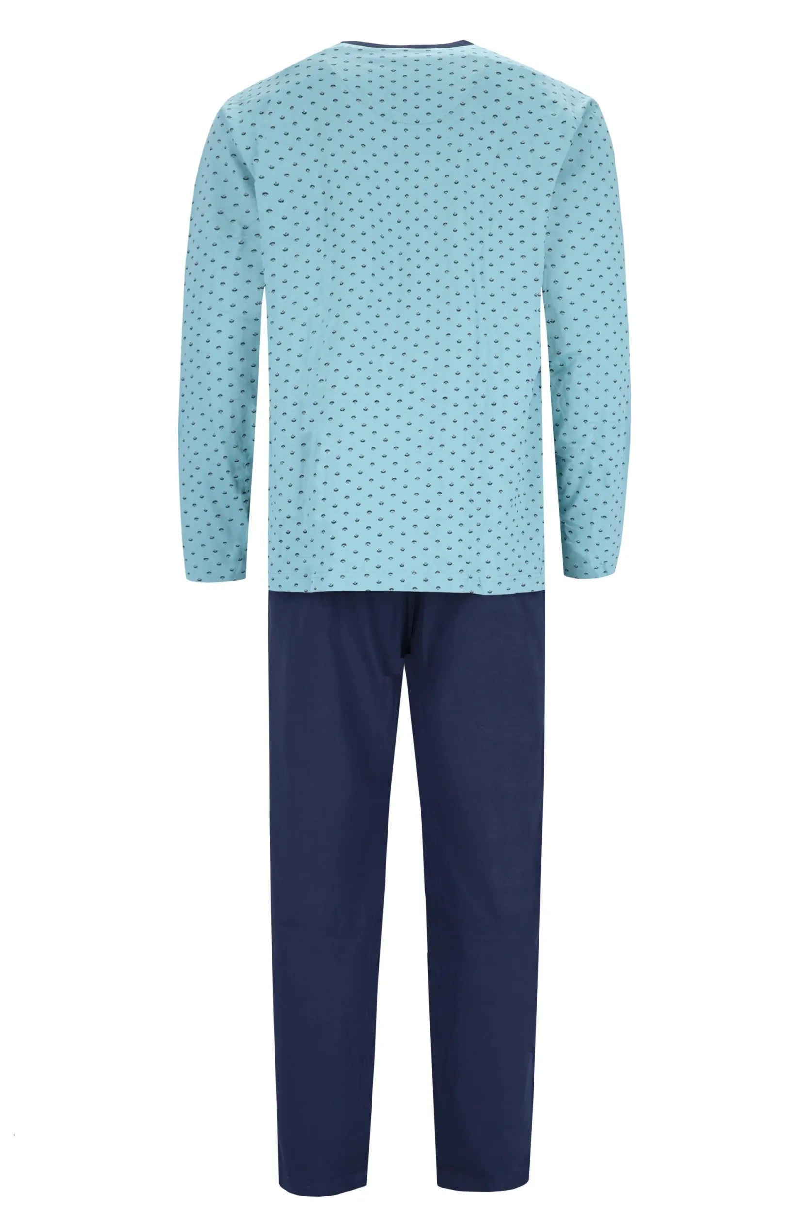 Blau-weiß gepunktetes Pyjama-Set mit marineblauer Hose.